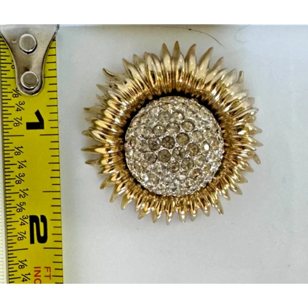 Vintage Signed Ledo Polcini Rhinestone Domed Mum Flower Gold Tone Brooch